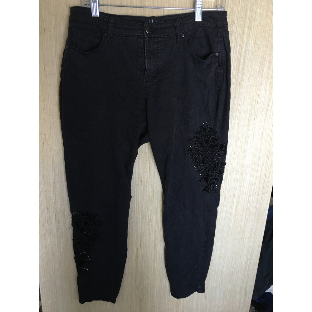 Style & Co Black Curvy Skinny Leg Lace Applique Beaded Jeans Ankle Pants